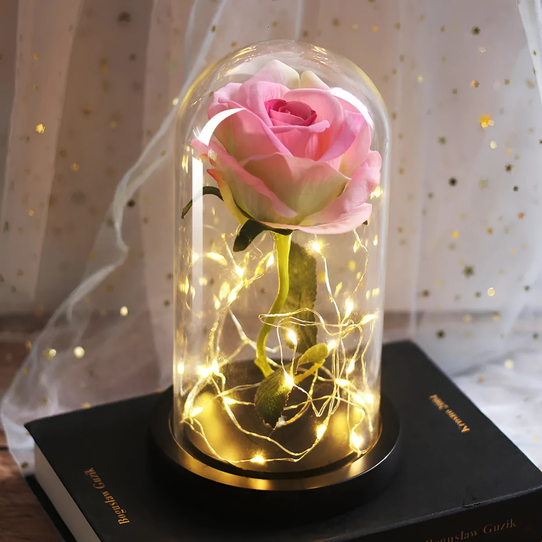 Silk rose bouquet with LED string lights and glass cover for wedding decoration