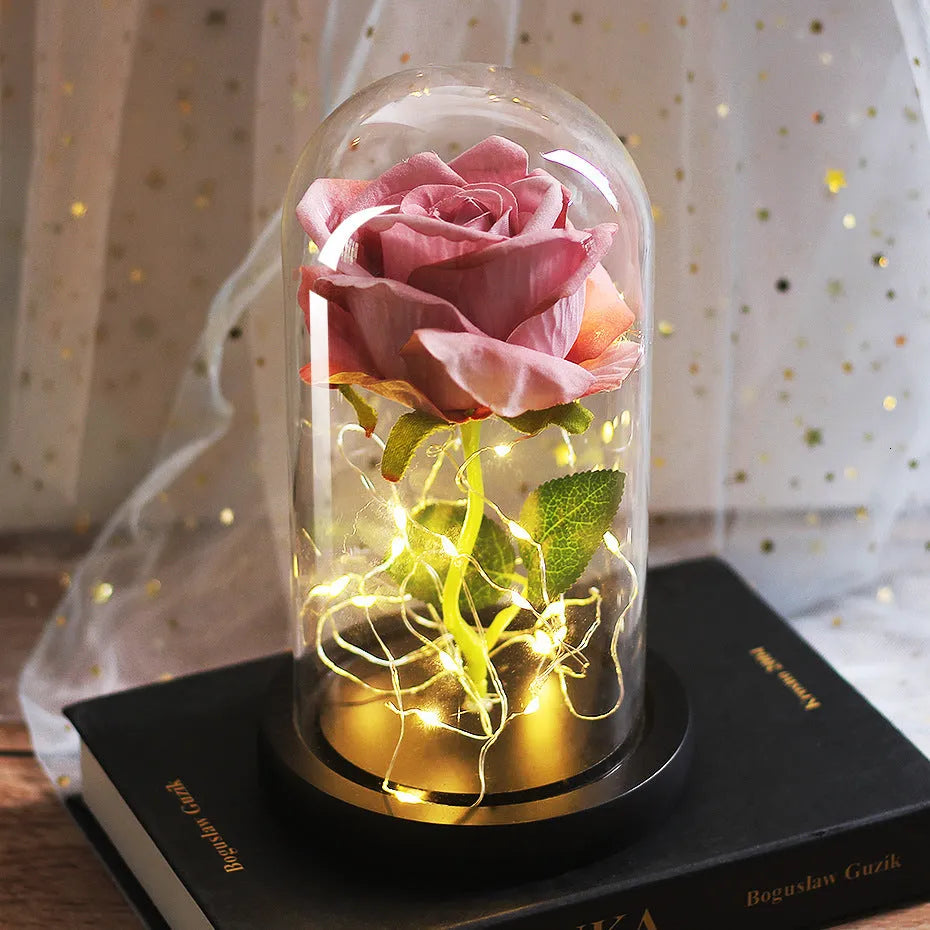 Silk rose bouquet with LED string lights and glass cover for wedding decoration