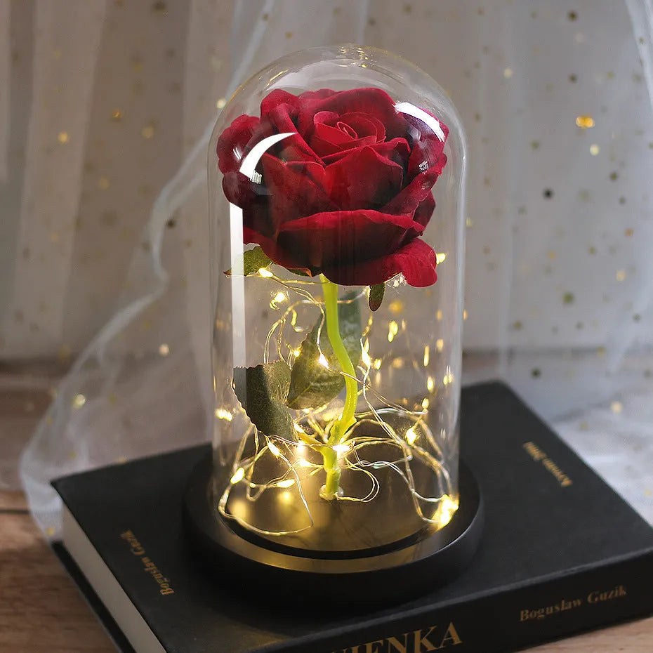 Silk rose bouquet with LED string lights and glass cover for wedding decoration