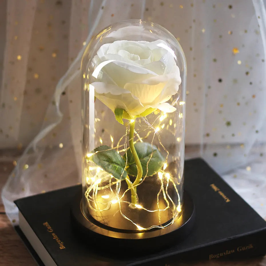 Silk rose bouquet with LED string lights and glass cover for wedding decoration