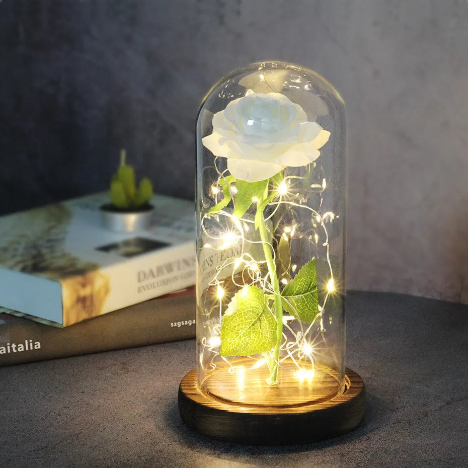 Silk rose bouquet with LED string lights and glass cover for wedding decoration