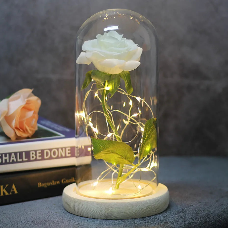 Silk rose bouquet with LED string lights and glass cover for wedding decoration