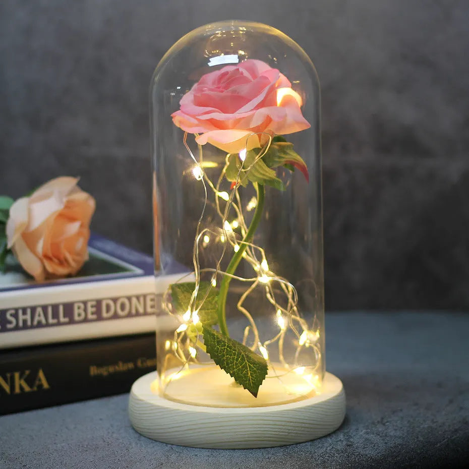 Silk rose bouquet with LED string lights and glass cover for wedding decoration