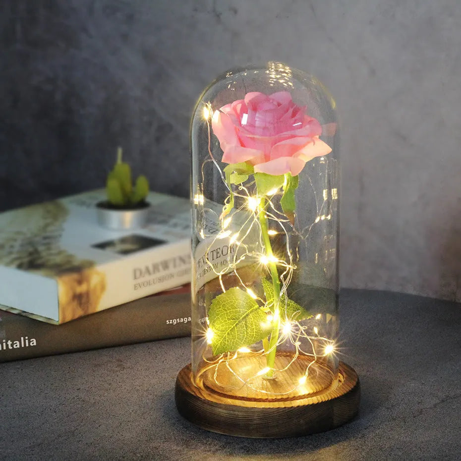 Silk rose bouquet with LED string lights and glass cover for wedding decoration