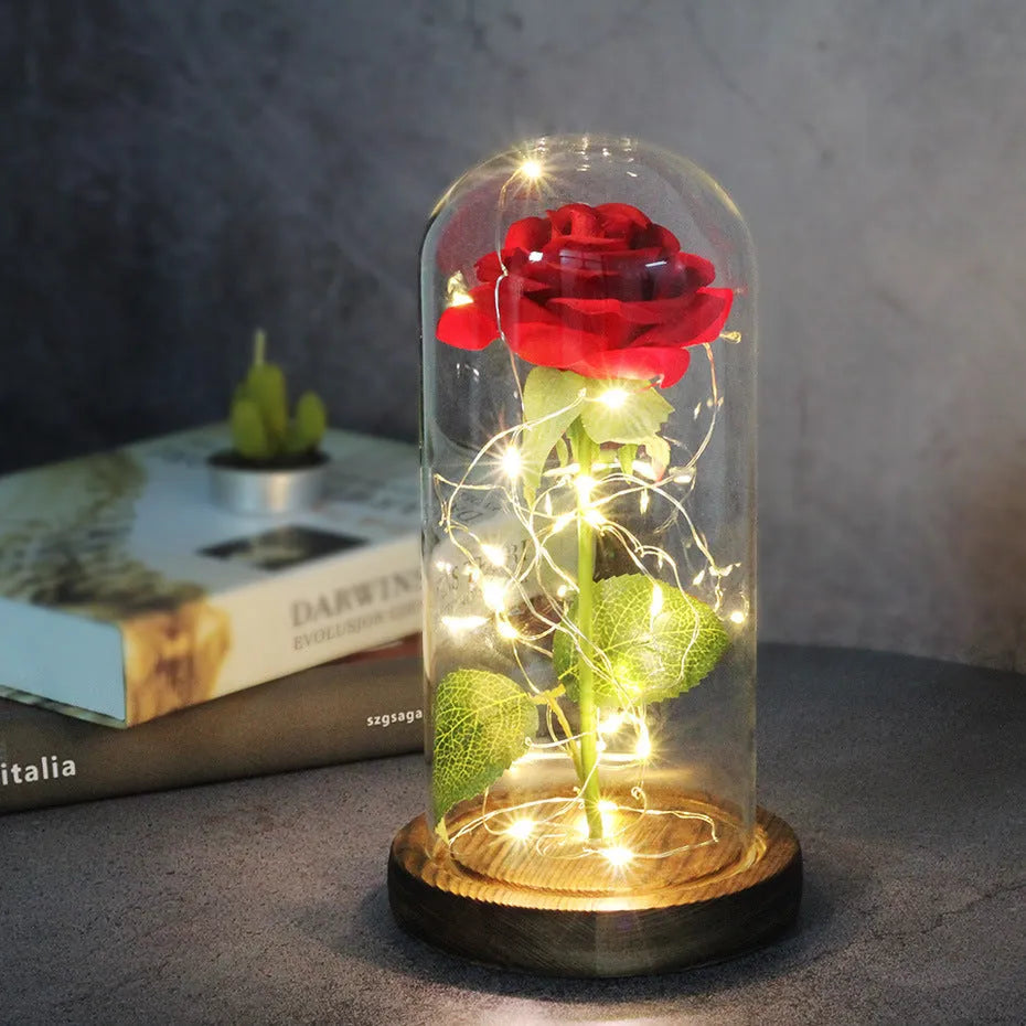 Silk rose bouquet with LED string lights and glass cover for wedding decoration