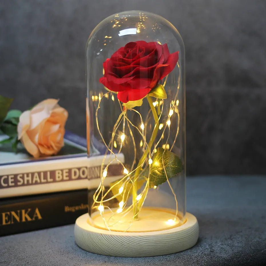 Silk rose bouquet with LED string lights and glass cover for wedding decoration