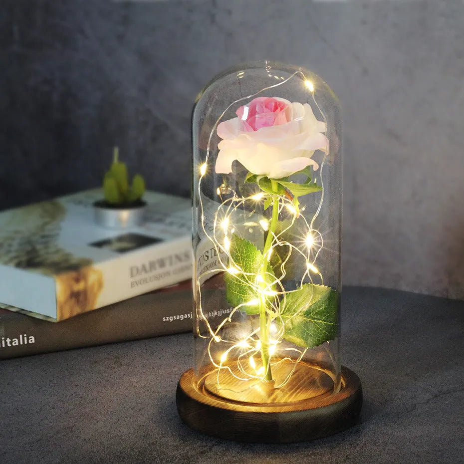 Silk rose bouquet with LED string lights and glass cover for wedding decoration