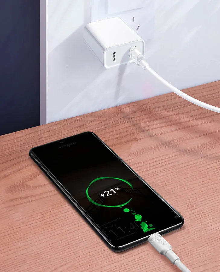 Baseus black Android fast charging cable with Micro USB connector shown beside white variant