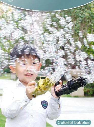 Kids handheld bubble machine gun toy in pink, gold, or black colours with removable bubble head.