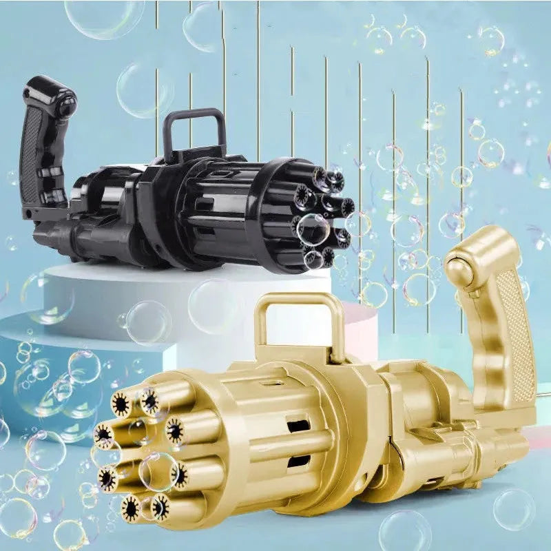 Kids handheld bubble machine gun toy in pink, gold, or black colours with removable bubble head.