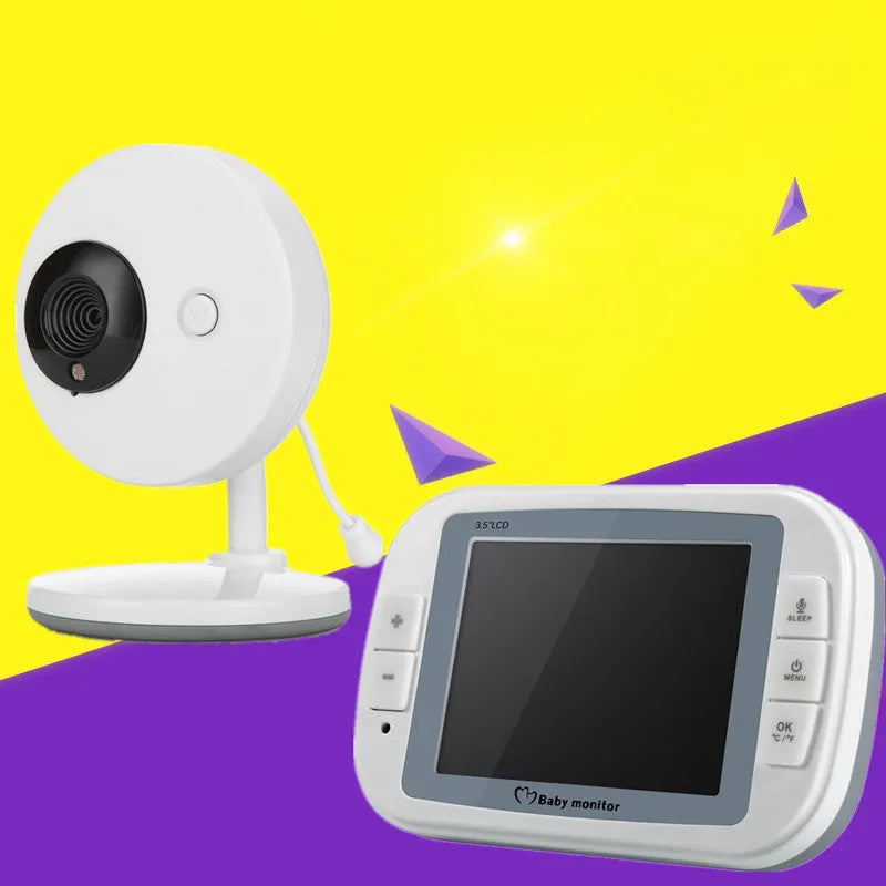 White 3.5 inch digital wireless baby monitor and camera with night vision on a nursery shelf