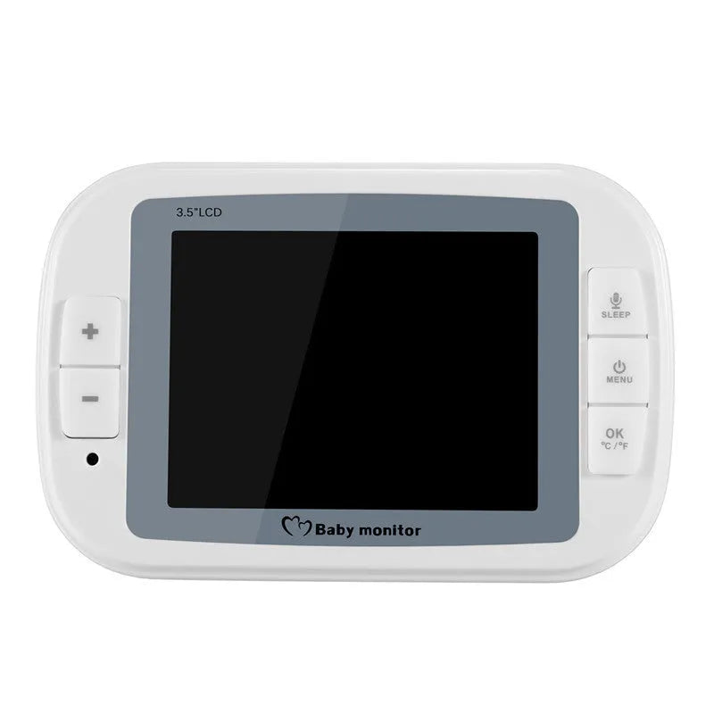 White 3.5 inch digital wireless baby monitor and camera with night vision on a nursery shelf