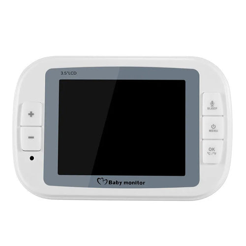 White 3.5 inch digital wireless baby monitor and camera with night vision on a nursery shelf