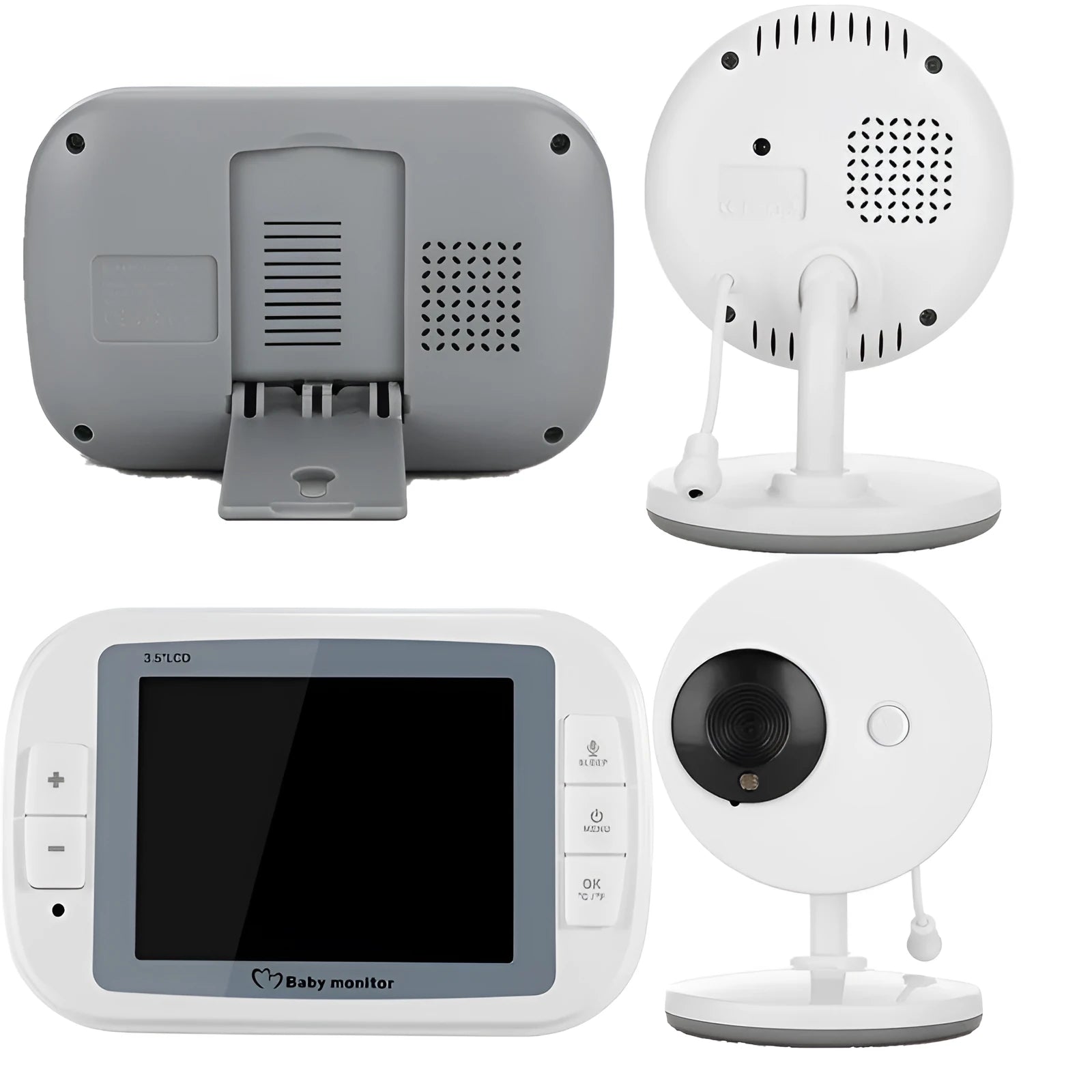 White 3.5 inch digital wireless baby monitor and camera with night vision on a nursery shelf