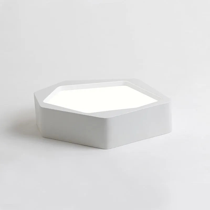 Geometric shaped iron LED ceiling light with remote control on a white ceiling