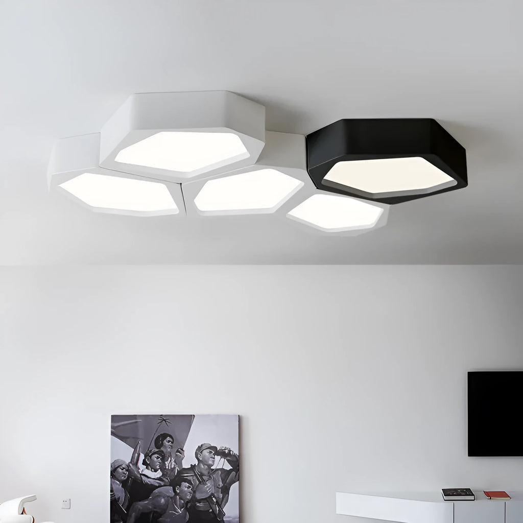 Geometric shaped iron LED ceiling light with remote control on a white ceiling