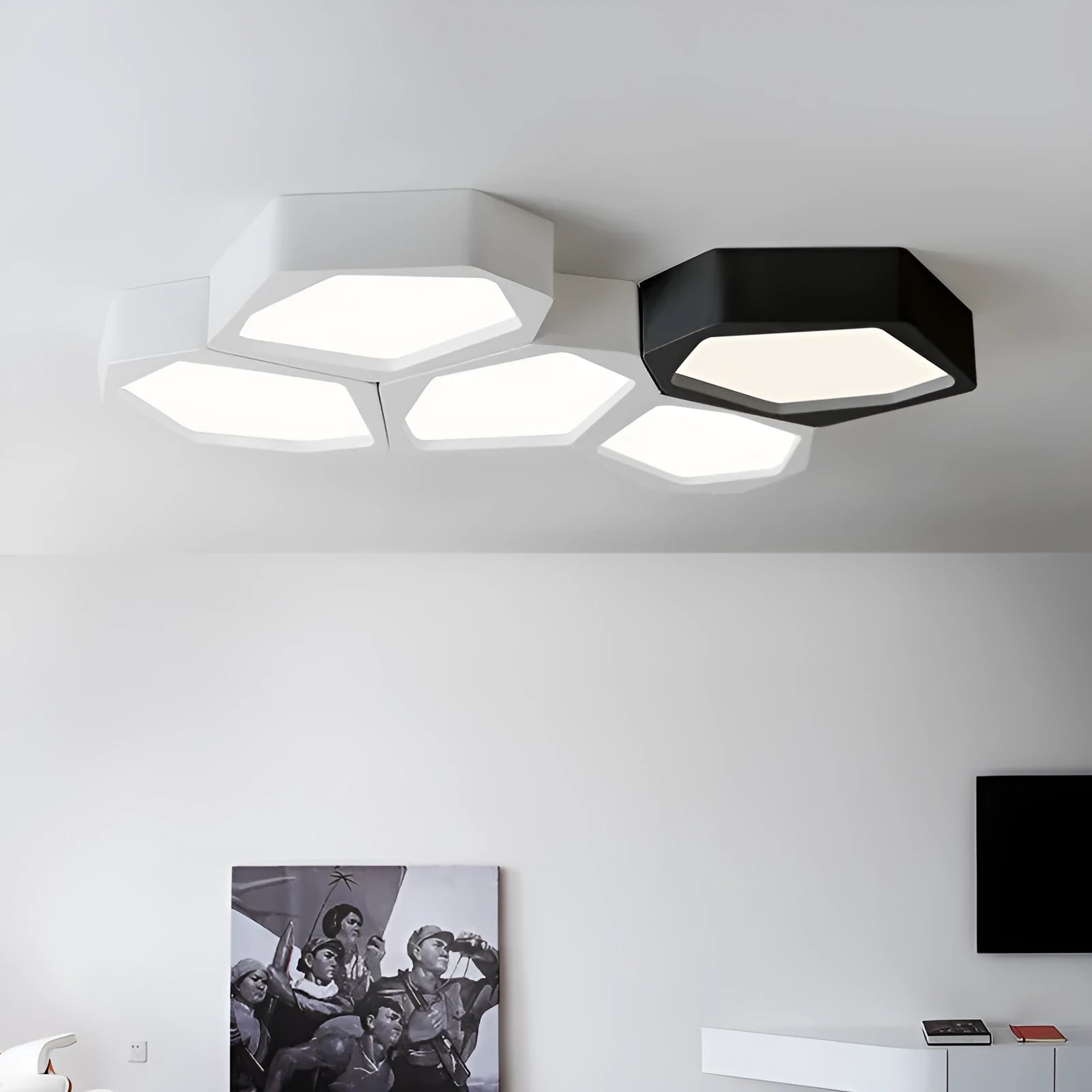 Geometric shaped iron LED ceiling light with remote control on a white ceiling