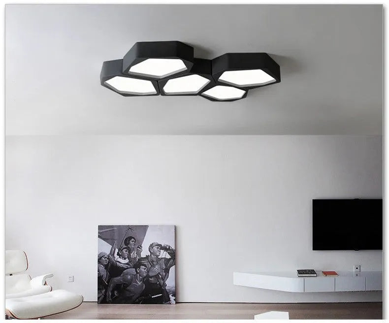 Geometric shaped iron LED ceiling light with remote control on a white ceiling