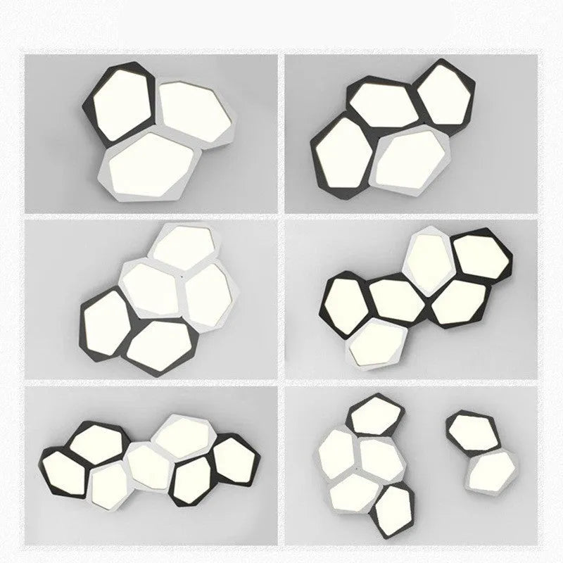 Geometric shaped iron LED ceiling light with remote control on a white ceiling