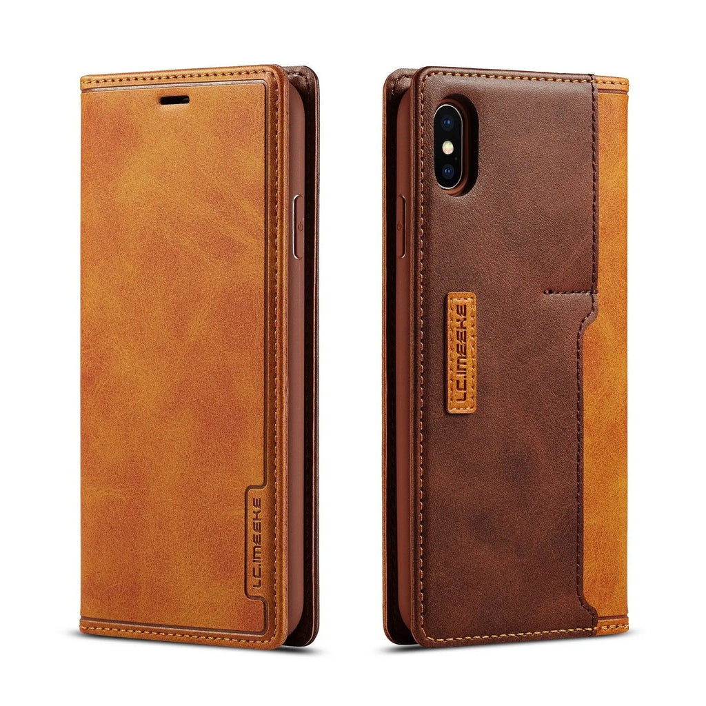 Leather and PU flip wallet phone case with card slots for iPhone in multiple colour options