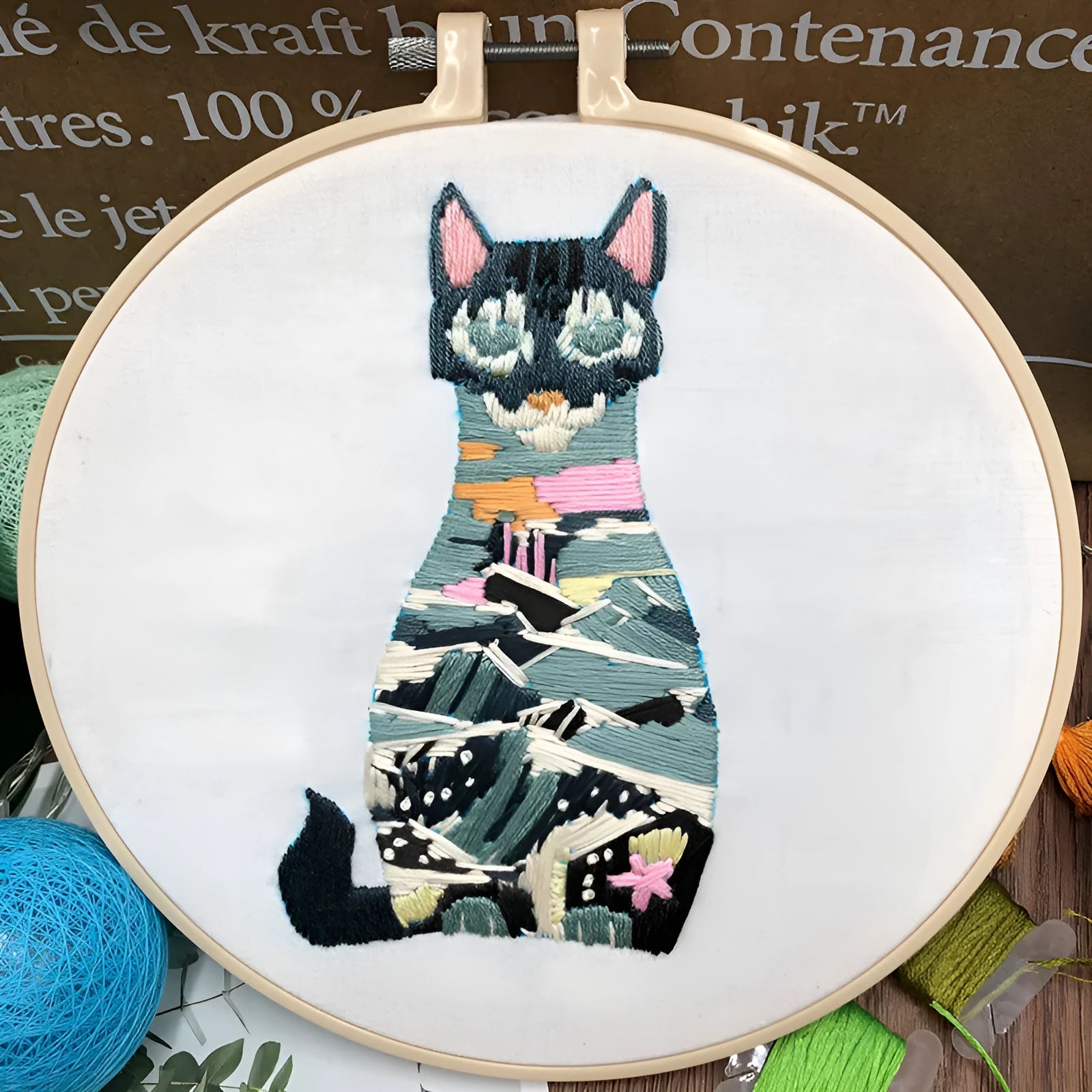 Cross stitch embroidery kit with cotton and linen materials for three-dimensional cat designs