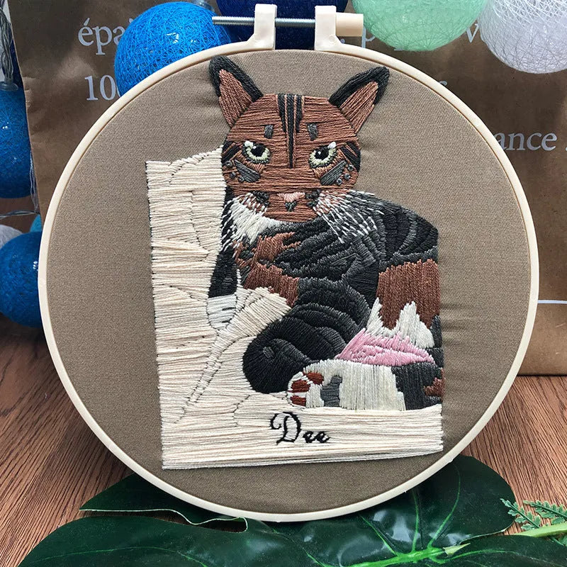 Cross stitch embroidery kit with cotton and linen materials for three-dimensional cat designs
