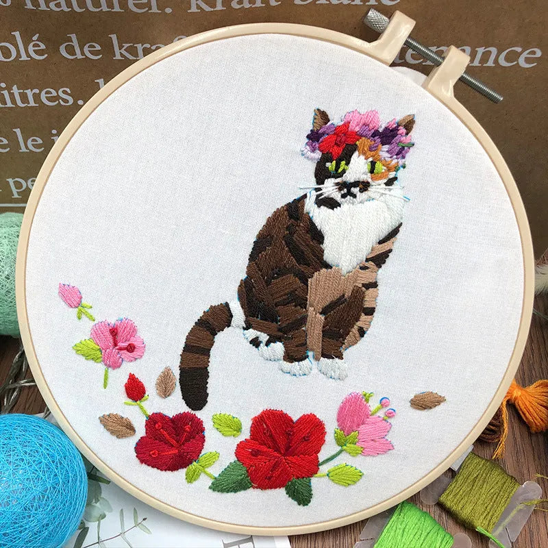 Cross stitch embroidery kit with cotton and linen materials for three-dimensional cat designs