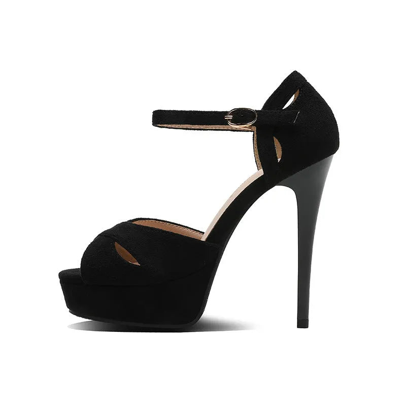 Black Roman style women's stiletto sandals with fish mouth toe and waterproof platform