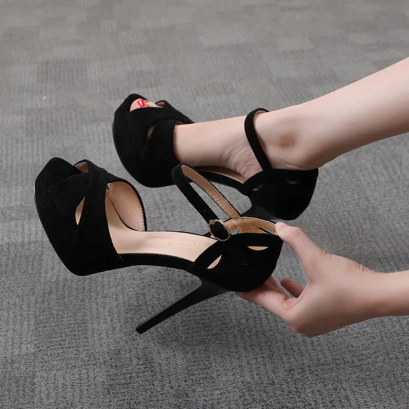Black Roman style women's stiletto sandals with fish mouth toe and waterproof platform