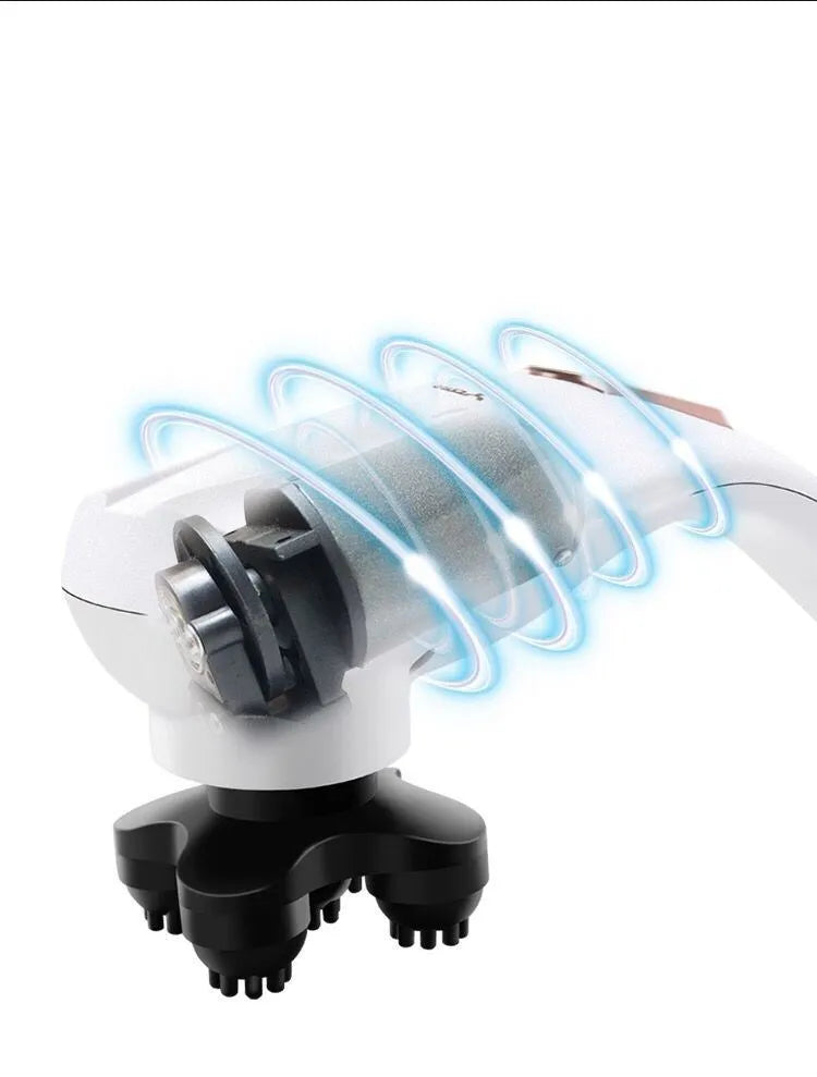 Electric handheld massager with six heads on white background showing body kneading design
