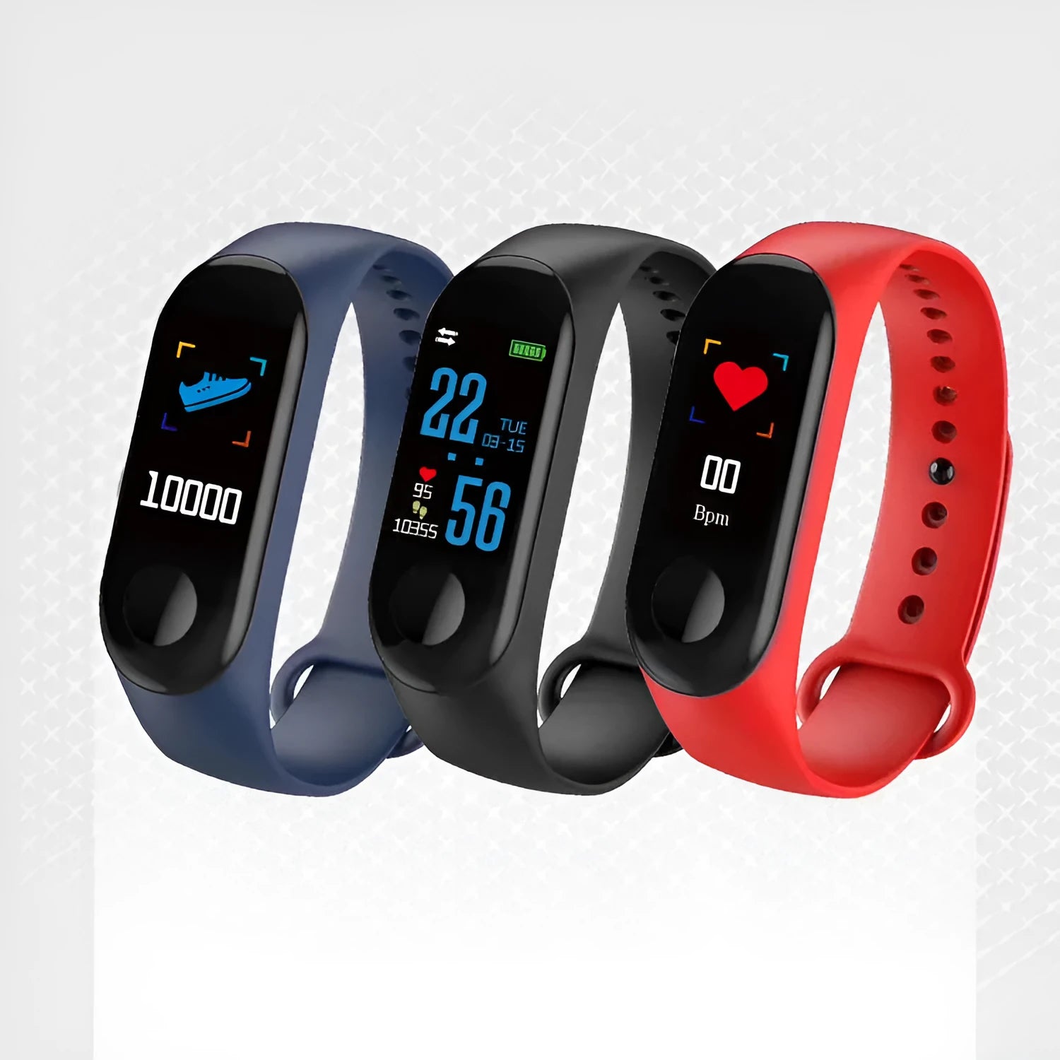 M3 smart bracelet with colour screen on wrist, showing heart rate and step count display.