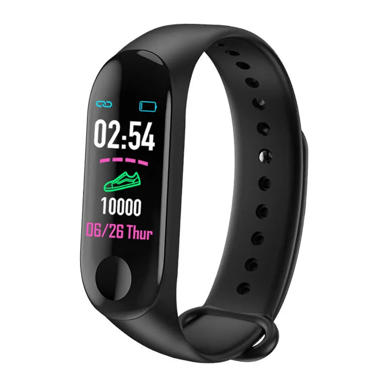 M3 smart bracelet with colour screen on wrist, showing heart rate and step count display.