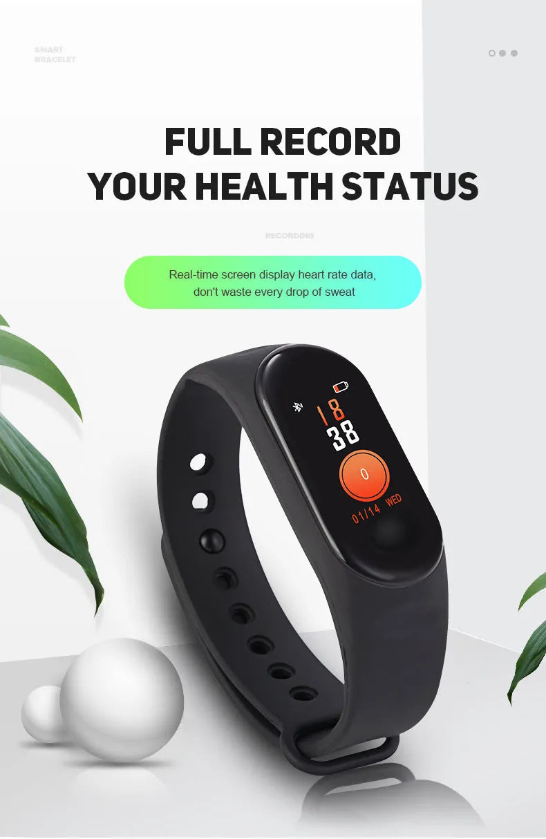 M3 smart bracelet with colour screen on wrist, showing heart rate and step count display.