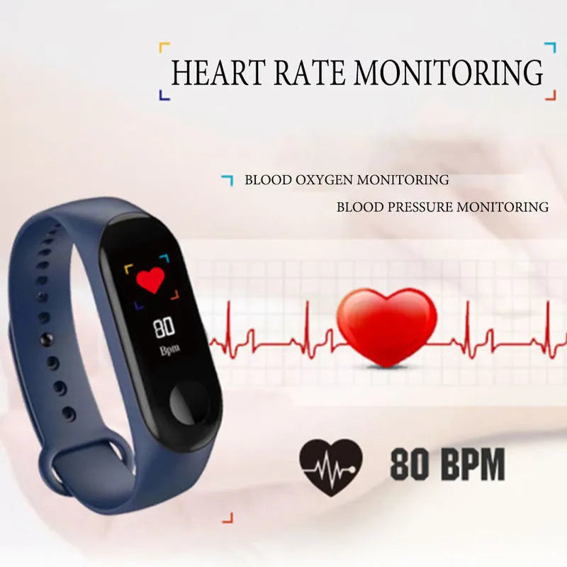 M3 smart bracelet with colour screen on wrist, showing heart rate and step count display.