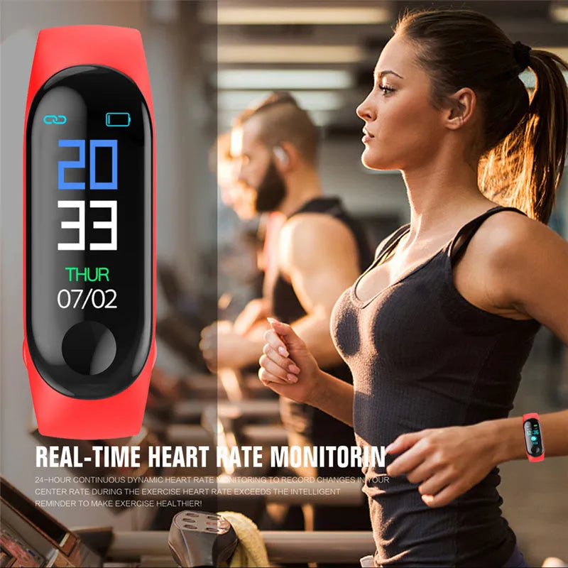 M3 smart bracelet with colour screen on wrist, showing heart rate and step count display.