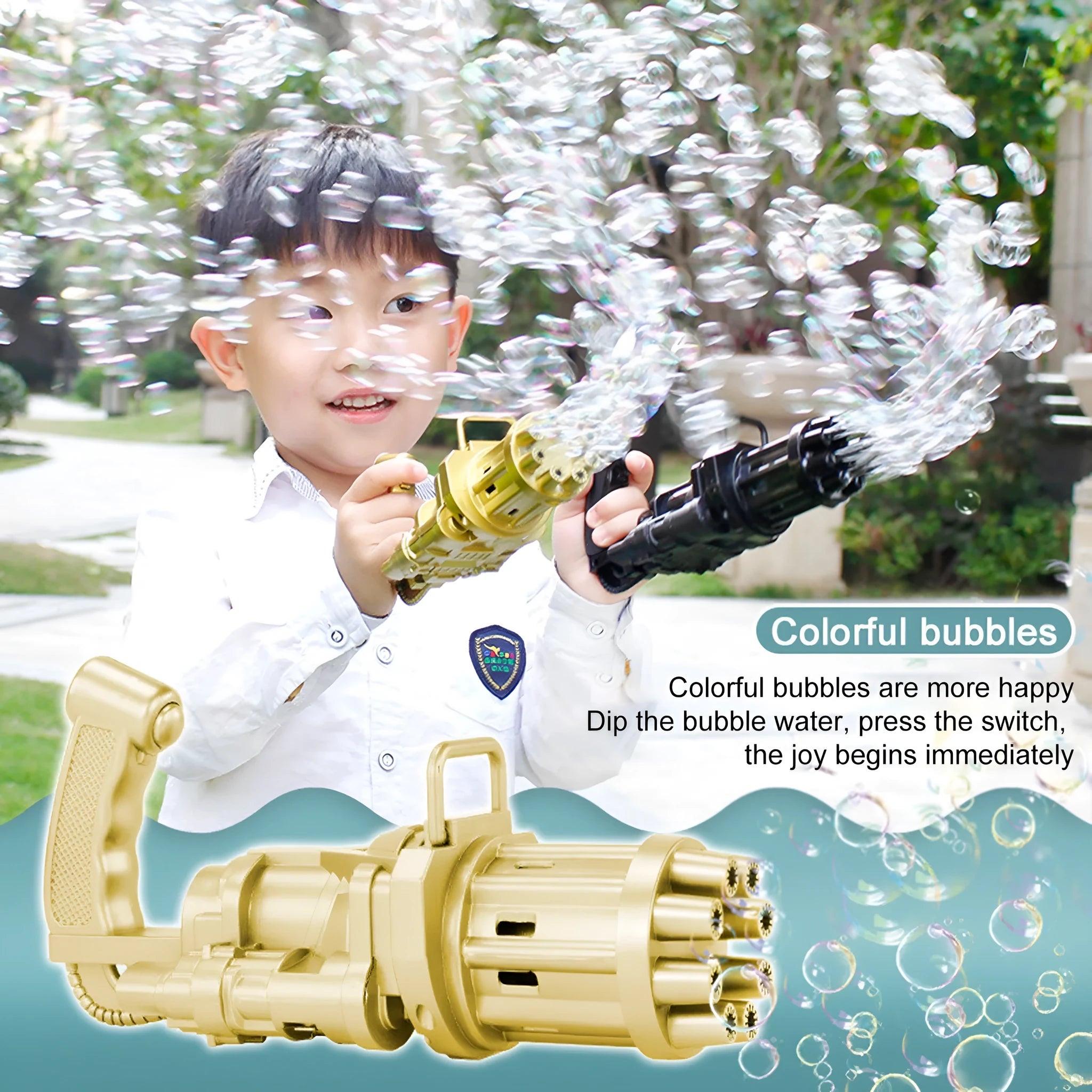 Kids handheld bubble machine gun toy in pink, gold, or black colours with removable bubble head.