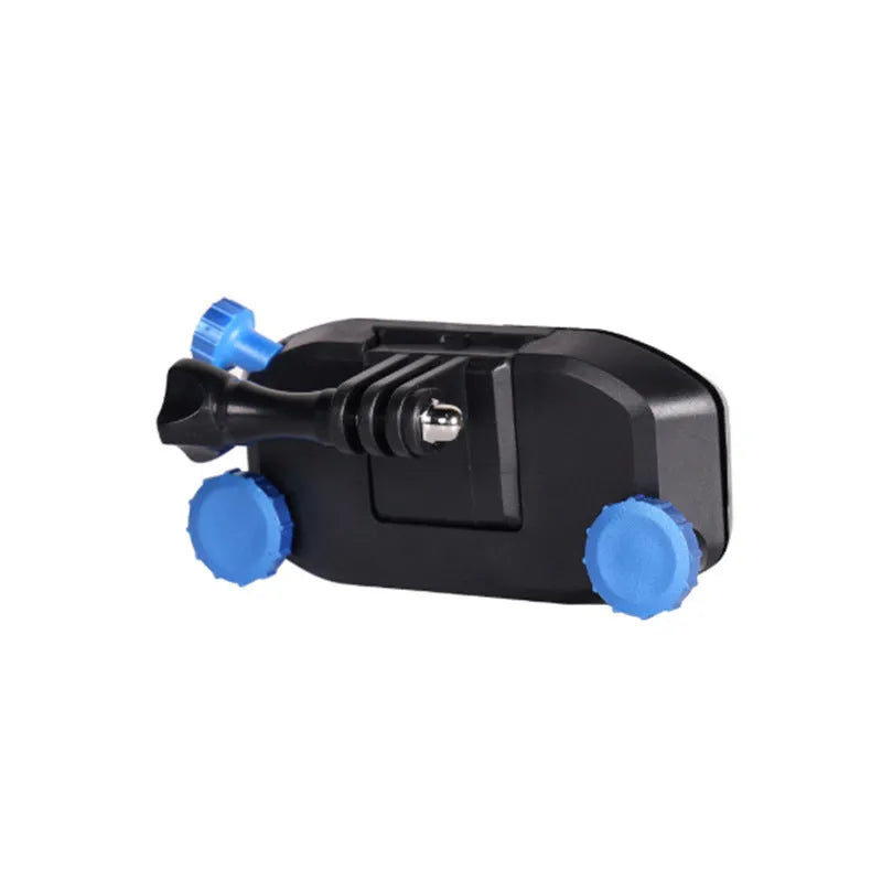 Blue plastic GoPro shoulder strap buckle for attaching sports cameras to backpack straps
