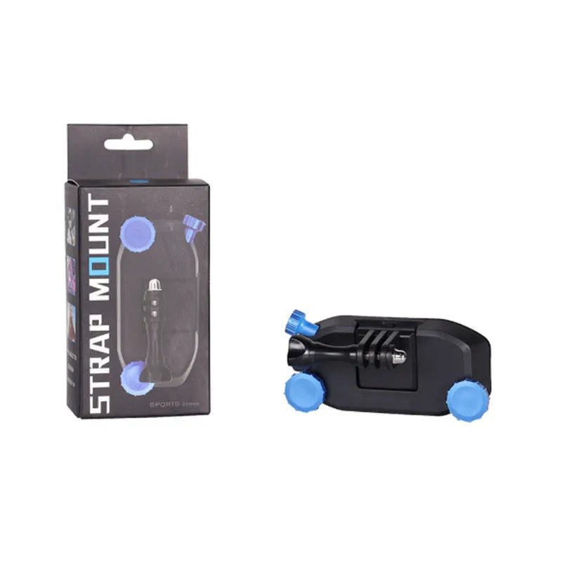 Blue plastic GoPro shoulder strap buckle for attaching sports cameras to backpack straps