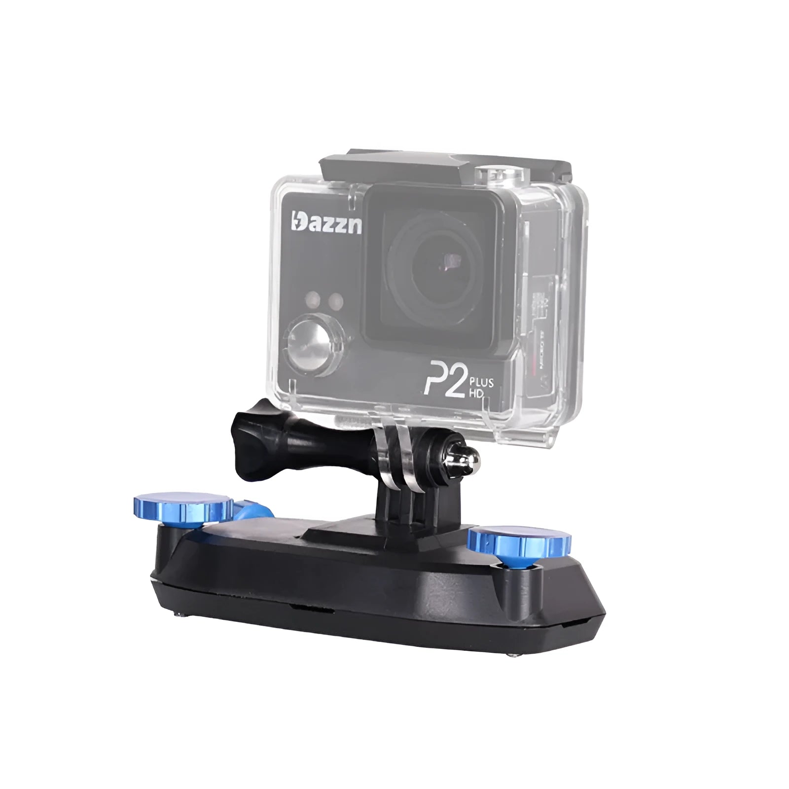 Blue plastic GoPro shoulder strap buckle for attaching sports cameras to backpack straps
