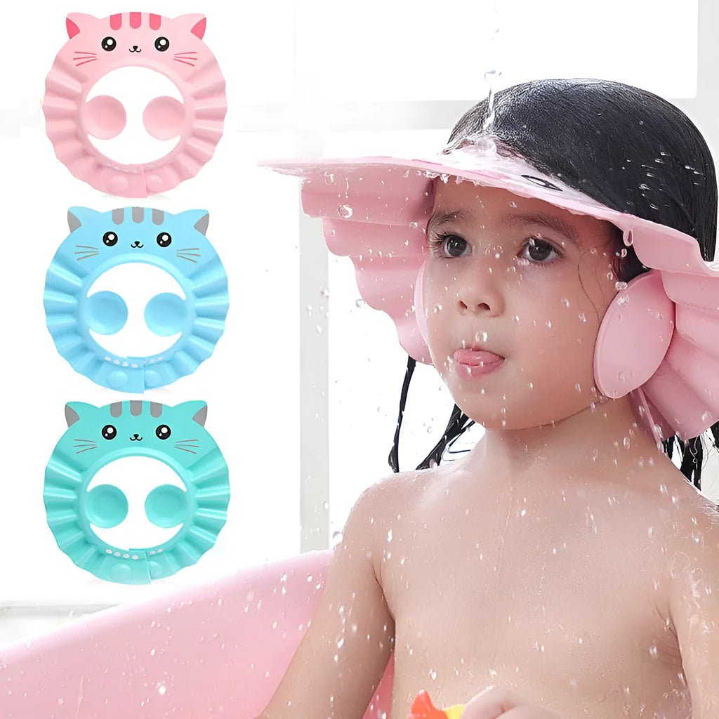 Waterproof adjustable baby shower cap with ear protection in blue, showing cartoon pattern
