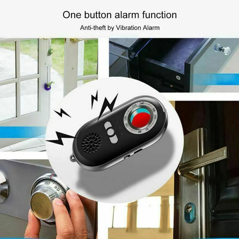 Compact black wireless security alarm detector with USB charging port, shown next to a ruler for scale.