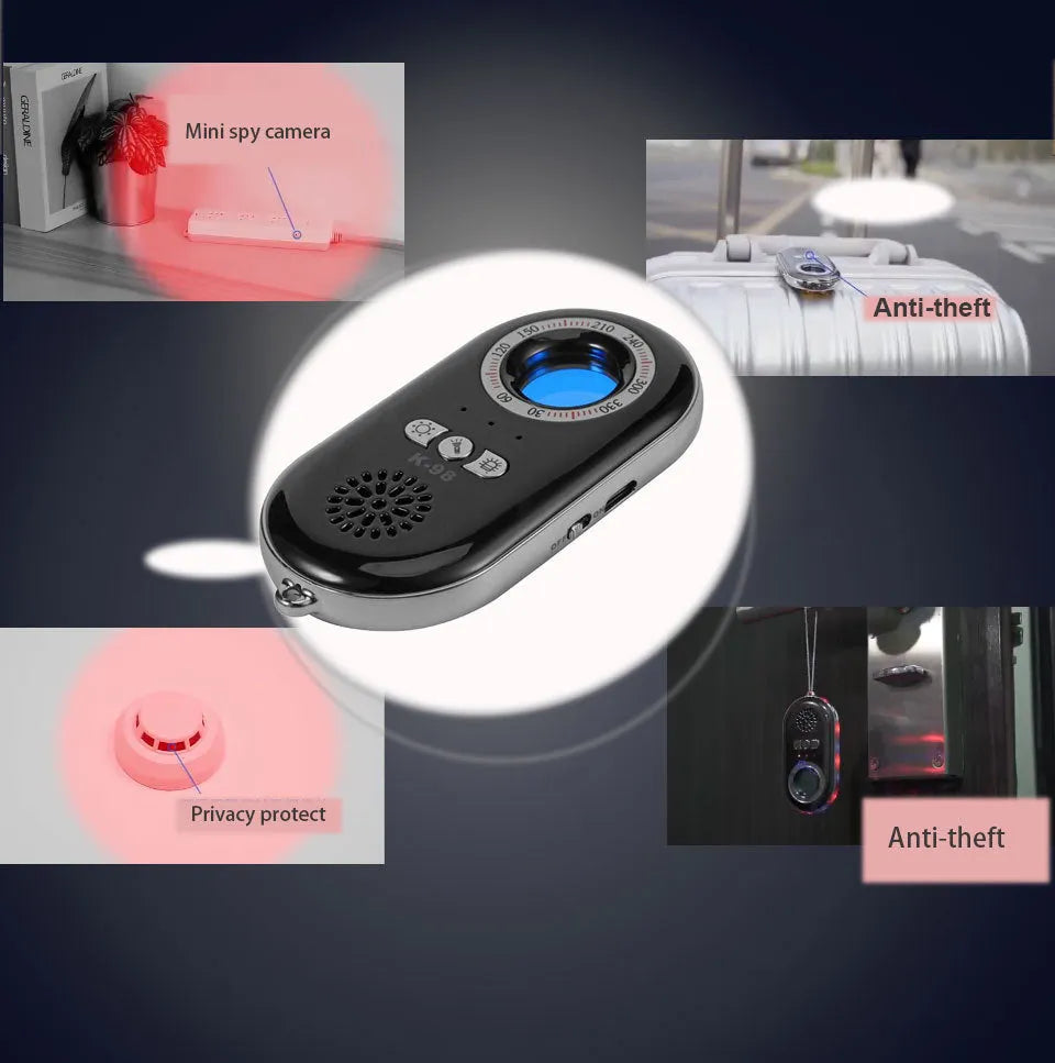 Compact black wireless security alarm detector with USB charging port, shown next to a ruler for scale.