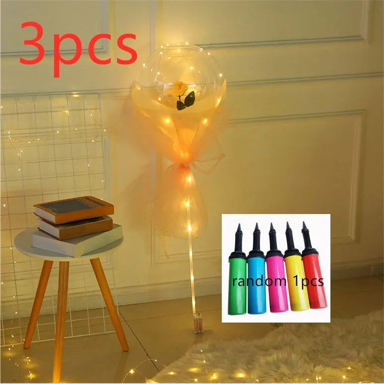 Transparent round LED luminous balloon rose bouquet with artificial flower and lights for DIY assembly