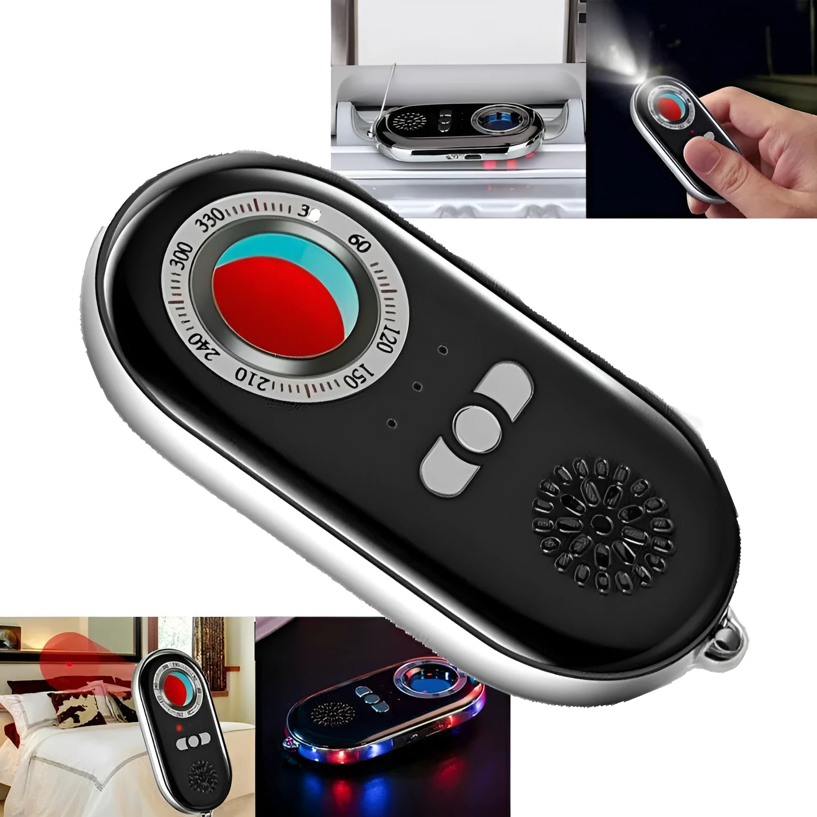 Compact black wireless security alarm detector with USB charging port, shown next to a ruler for scale.