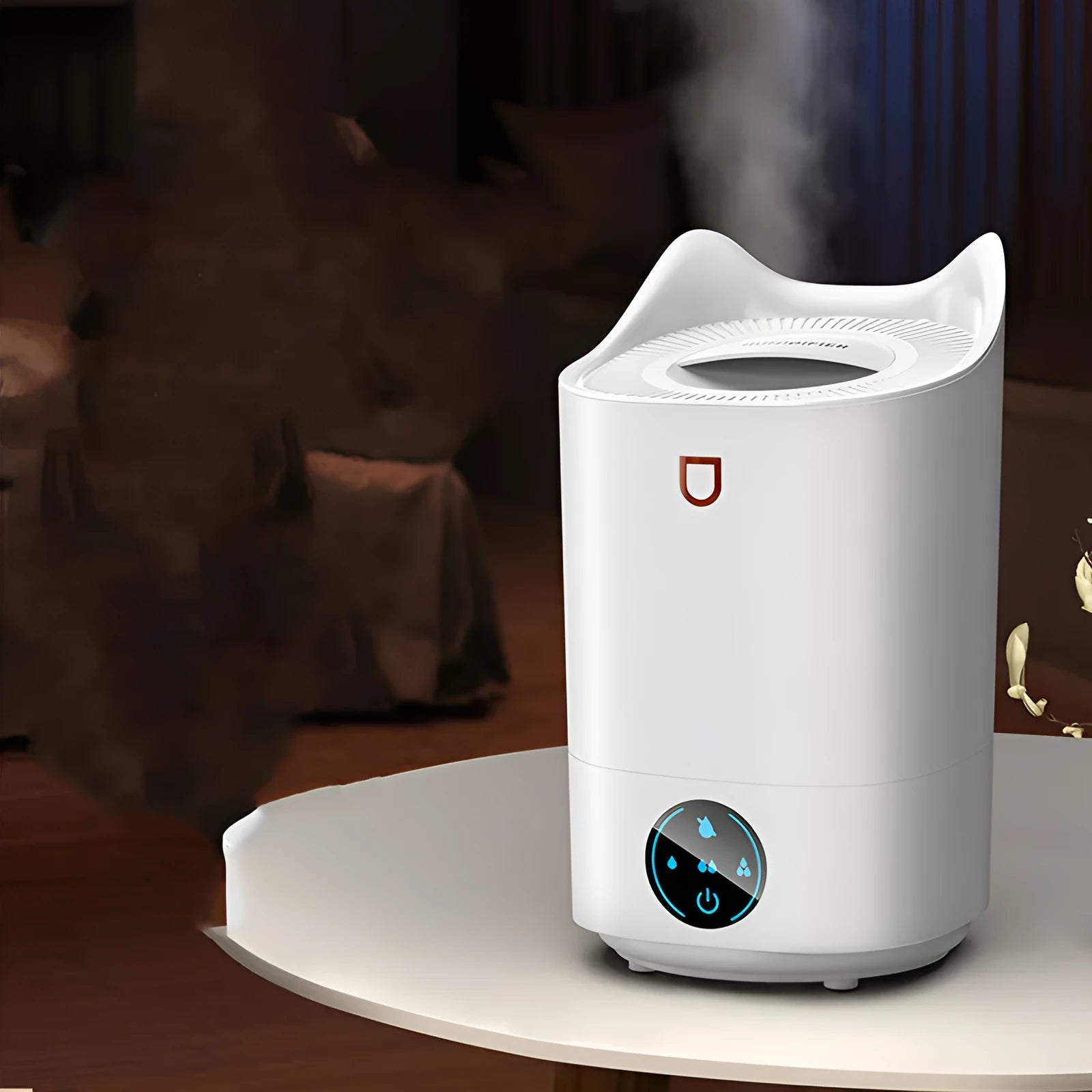 Double spray humidifier with three mist outlets and USB port in Coral Pink or Glacier White colour.