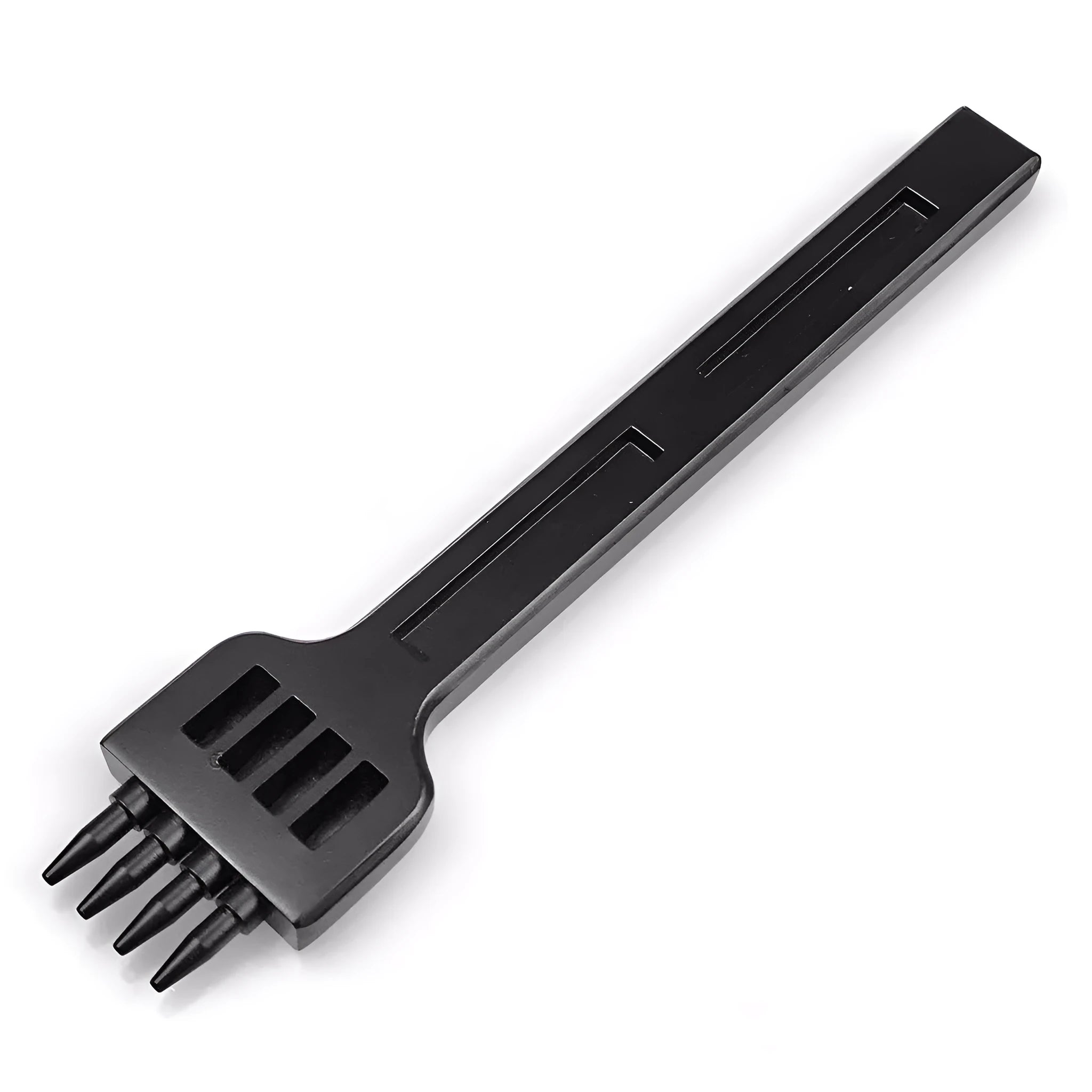 Black leather round hole punch tool with multiple teeth for manual leather crafting and sewing projects