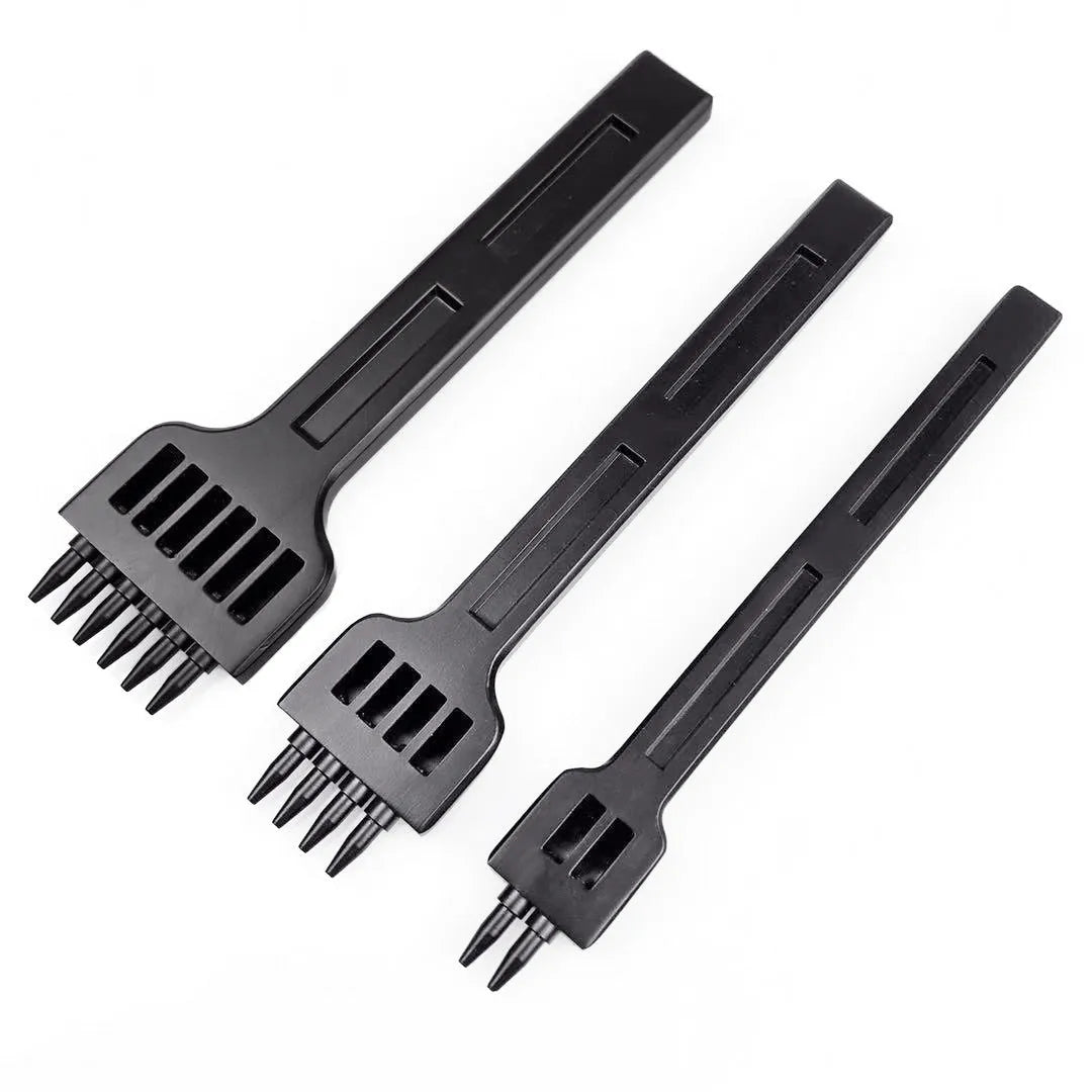 Black leather round hole punch tool with multiple teeth for manual leather crafting and sewing projects