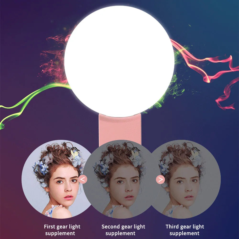 Mini round clip-on LED fill light attached to mobile phone for selfie photography