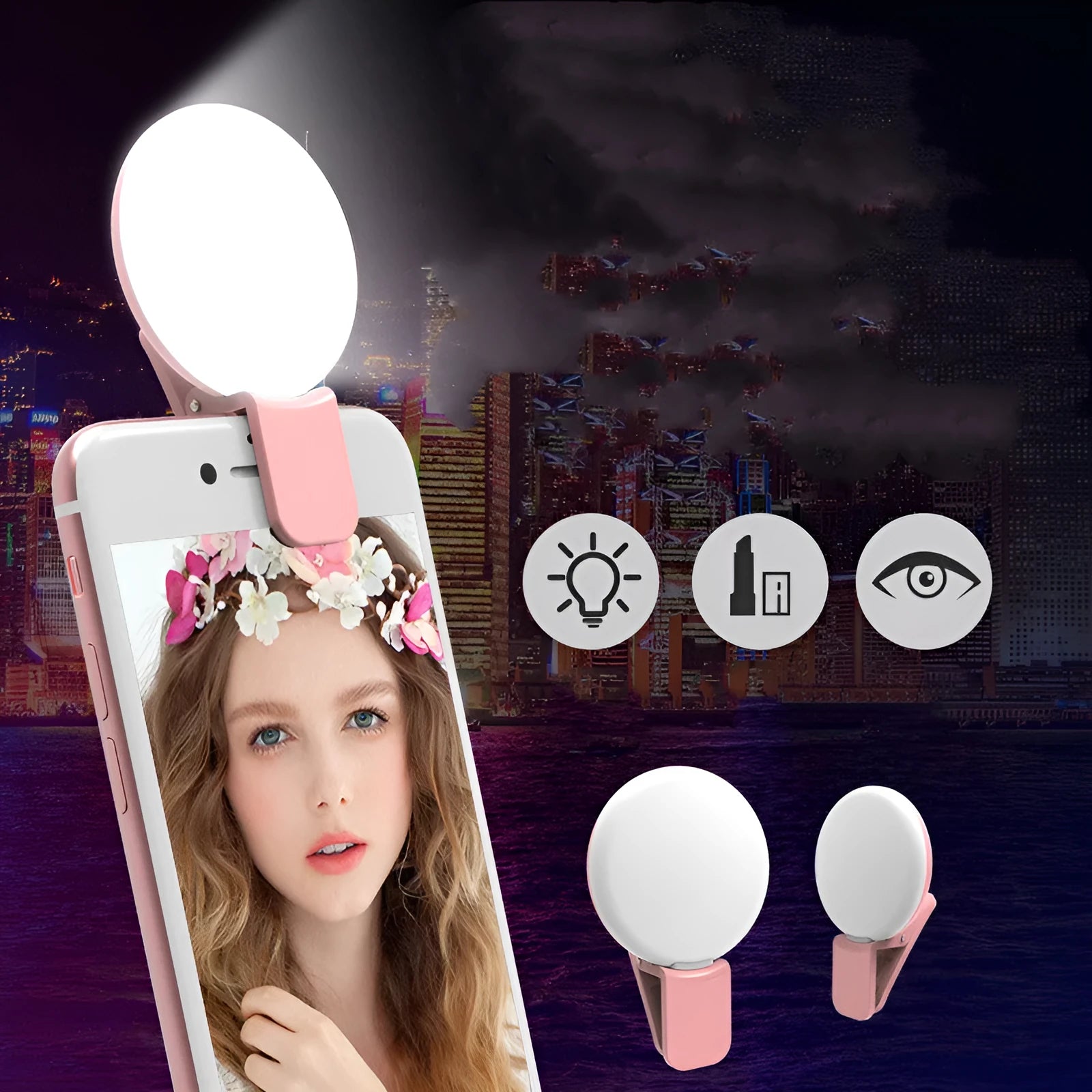 Mini round clip-on LED fill light attached to mobile phone for selfie photography