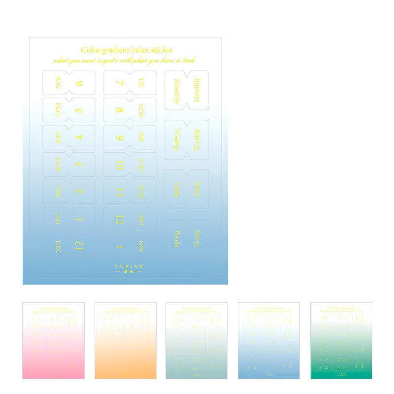 Yunmu Groceries Morandi gradient label sticker pack showing 10 sheets in Summer colour theme